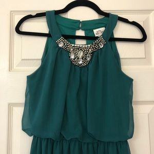Emerald green long dress with beaded neckline